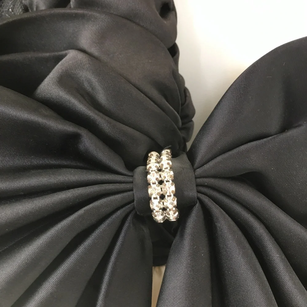 Vintage 80’s Satin Prom Dress Strapless Black Smocked Lace Bodice White Shirt - Picture 5 of 12